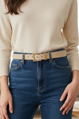 Gold Tokalı Klasik Kemer Bej Süet - Süet Kemer