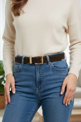 Gold Tokalı Klasik Kemer Kahve Süet - Süet Kemer