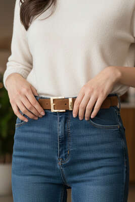 Gold Tokalı Klasik Kemer Taba Süet - Süet Kemer