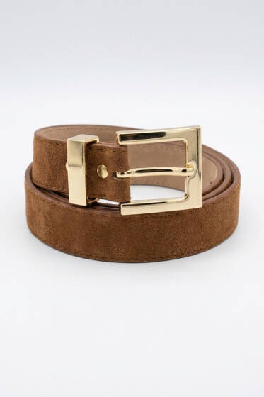 Gold Tokalı Klasik Kemer Taba Süet - Süet Kemer