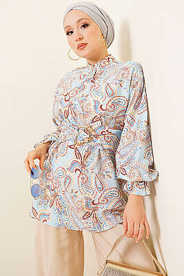 Gold Tokalı Paisley Desen Tunik Mavi - MUSTİ
