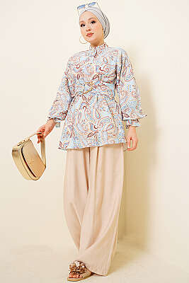 Gold Tokalı Paisley Desen Tunik Mavi - Tunik