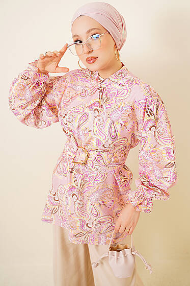 Gold Tokalı Paisley Desen Tunik Pembe - Tunik
