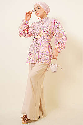 Gold Tokalı Paisley Desen Tunik Pembe - Tunik