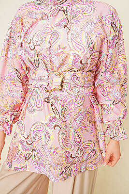 Gold Tokalı Paisley Desen Tunik Pembe - Tunik