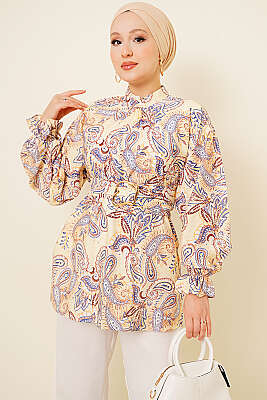 Gold Tokalı Paisley Desen Tunik Sarı - MUSTİ