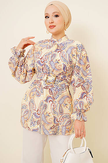Gold Tokalı Paisley Desen Tunik Sarı - Tunik
