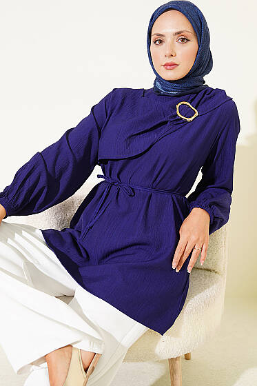 Gold Tokalı Pelerinli Tunik Lacivert - Tunik