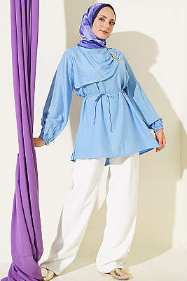 Gold Tokalı Pelerinli Tunik Mavi - Tunik
