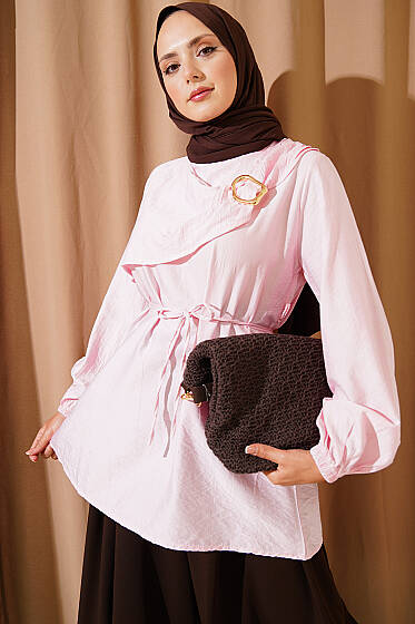 Gold Tokalı Pelerinli Tunik Pembe - Tunik