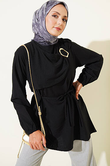 Gold Tokalı Pelerinli Tunik Siyah - Tunik