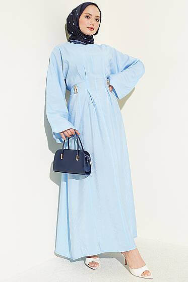 Gold Tokalı Pens Detaylı Elbise Bebe Mavi - Elbise