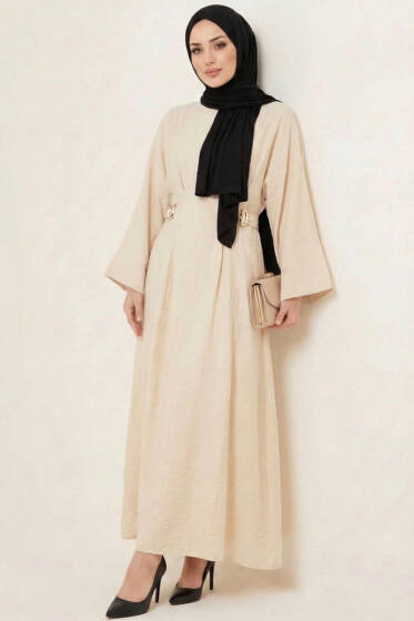 Gold Tokalı Pens Detaylı Elbise Bej - Elbise