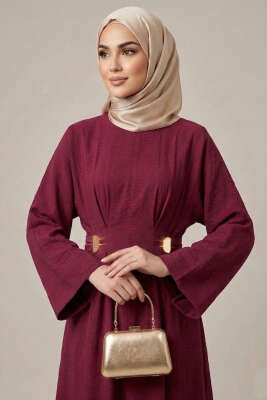 Gold Tokalı Pens Detaylı Elbise Bordo - Elbise