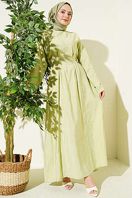 Gold Tokalı Pens Detaylı Elbise Çağla Yeşili - Elbise