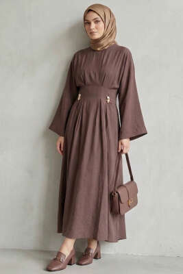 Gold Tokalı Pens Detaylı Elbise Kahve 