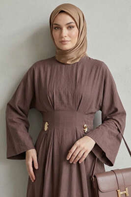 Gold Tokalı Pens Detaylı Elbise Kahve - Elbise