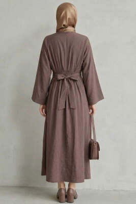 Gold Tokalı Pens Detaylı Elbise Kahve - Elbise