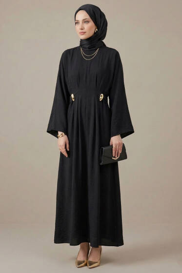 Gold Tokalı Pens Detaylı Elbise Siyah - Elbise