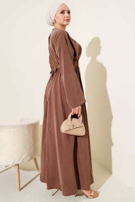 Gold Tokalı Pensli Tencel Elbise Kahve - Elbise