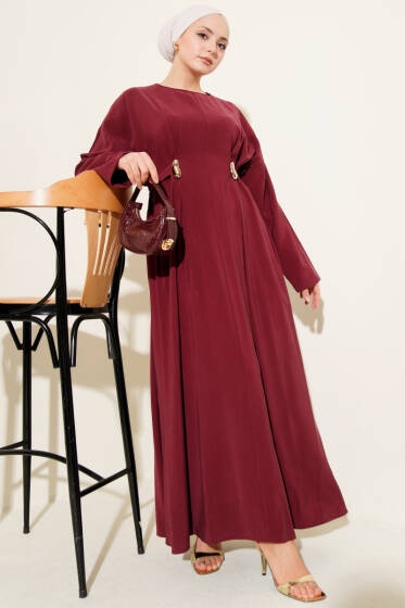 Gold Tokalı Pensli Tensel Elbise Bordo - Elbise