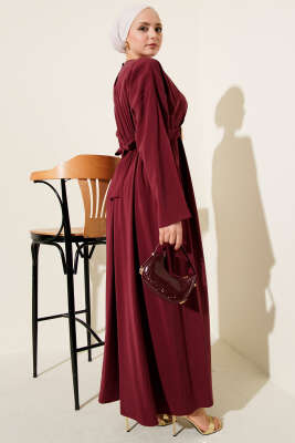 Gold Tokalı Pensli Tensel Elbise Bordo - Elbise