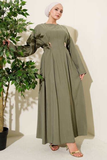 Gold Tokalı Pensli Tensel Elbise Haki - Elbise