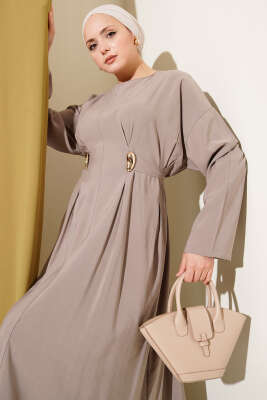 Gold Tokalı Pensli Tensel Elbise Vizon - Elbise