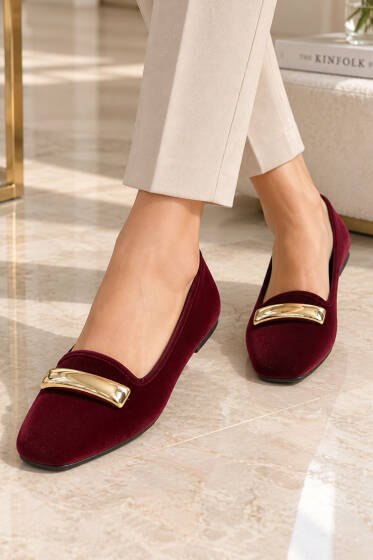 Gold Tokalı Süet Babet Bordo - Babet