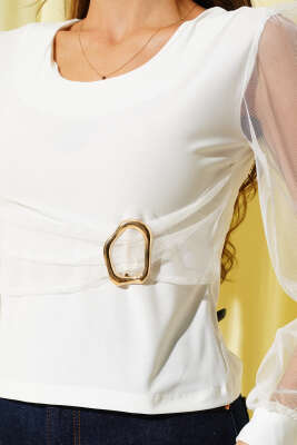 Gold Tokalı Tül Kollu Bluz Ekru - Yılın Fırsatı