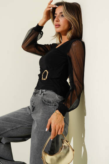 Gold Tokalı Tül Kollu Bluz Siyah - Kadın Giyim Modelleri