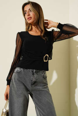 Gold Tokalı Tül Kollu Bluz Siyah - Yılın Fırsatı