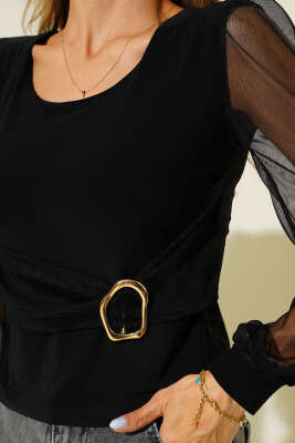 Gold Tokalı Tül Kollu Bluz Siyah - Yılın Fırsatı