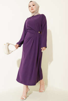 Gold Tokalı Yan Bel Pileli Elbise Mor - MISRA