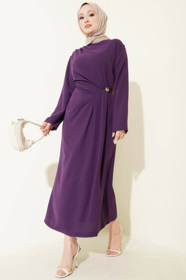 Gold Tokalı Yan Bel Pileli Elbise Mor - Elbise