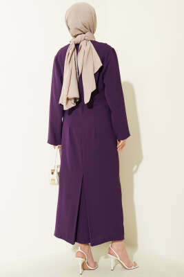 Gold Tokalı Yan Bel Pileli Elbise Mor - Elbise