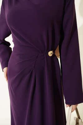 Gold Tokalı Yan Bel Pileli Elbise Mor - Elbise