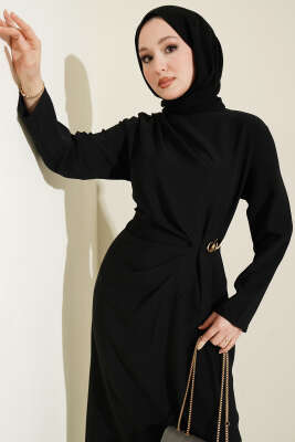 Gold Tokalı Yan Bel Pileli Elbise Siyah - MISRA