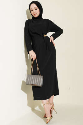 Gold Tokalı Yan Bel Pileli Elbise Siyah - Elbise
