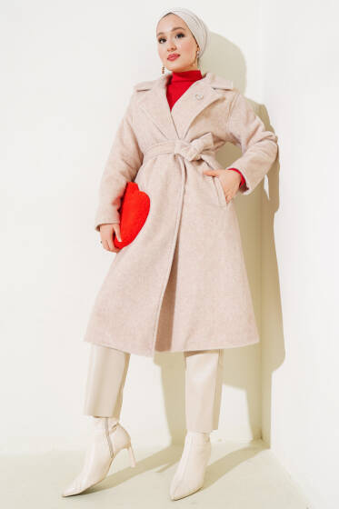 Goldfox Kuşaklı Kaşe Kaban Bej - Kaban