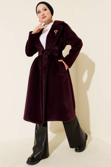 Goldfox Kuşaklı Kaşe Kaban Mor - Kaban