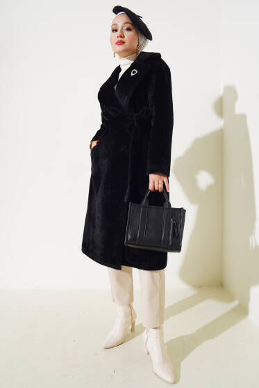 Goldfox Kuşaklı Kaşe Kaban Siyah - Kaban