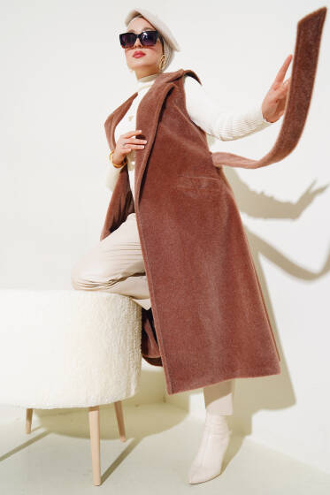 Goldfox Kuşaklı Uzun Yelek Kahve - Yelek