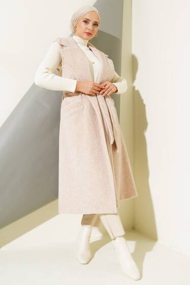 Goldfox Kuşaklı Uzun Yelek Pudra - Yelek