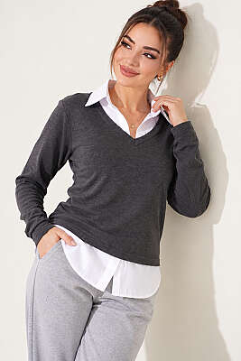 Gömlek Garni Detaylı Sweatshirt Füme - LUSTRİN