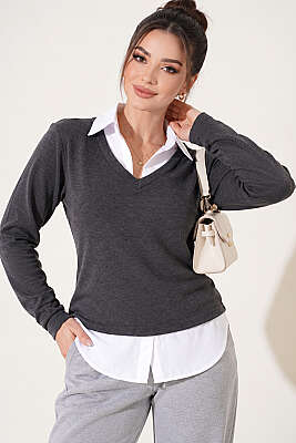 Gömlek Garni Detaylı Sweatshirt Füme - Kadın Giyim Modelleri