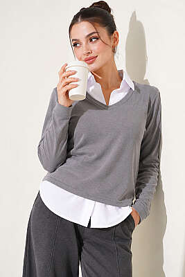 Gömlek Garni Detaylı Sweatshirt Gri - LUSTRİN