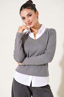 Gömlek Garni Detaylı Sweatshirt Gri - Kadın Giyim Modelleri