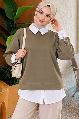 Gömlek Garnili Basic Tunik Haki - NEW SHE