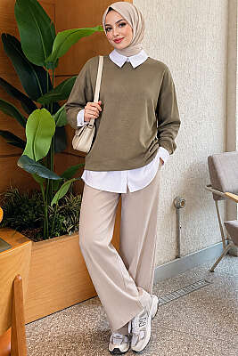 Gömlek Garnili Basic Tunik Haki - Tunik